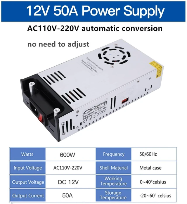 Alt view image 7 of 7 - High-Power SMPS 110V/220V AC to 12V DC Converter - 50A 600W Power Supply - Adjustable Switch Transformer for LED Strip, LCD Monitor CCTV, Radio/Car Stereos, 3D Printer - Includes 2 Clamp Wires