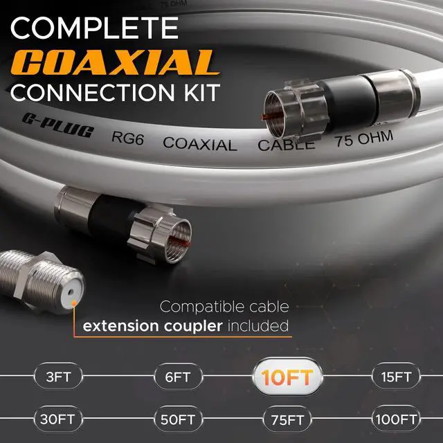 Alt view image 2 of 6 - 10FT RG6 Coaxial Cable Connectors Set - High-Speed Internet, Broadband and Digital TV Aerial, Satellite Sky Cable Extension- Weather-Sealed Double Rubber O-Ring and Compression Connectors White