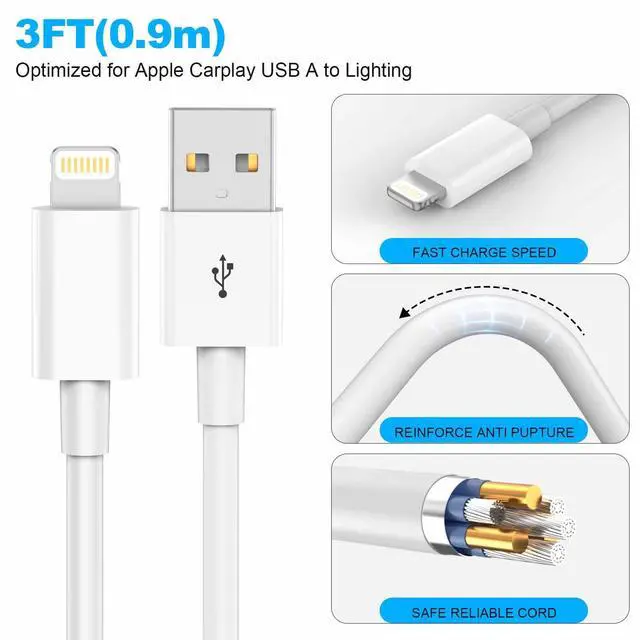 Alt view image 5 of 7 - Car Apple Carplay CableUSB A to Lightning Cable 3FT Compatible with iPhone 14 13 12 11 Pro Max XR XS X Charger CordCar Charging Cord