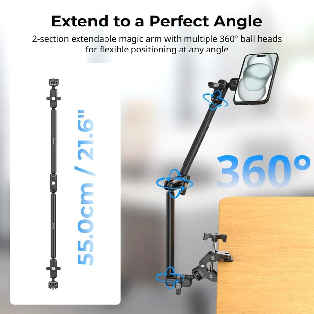 Alt view image 3 of 7 - Desktop Clamp Magic Arm Kit for MagSafe for iPhone, 55cm / 21.6" Two-Stage Adjustable Flexible Arm with Secure Grip for Smartphone, Webcam, Action Cameras - 5626