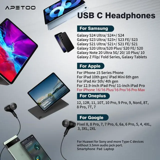 Alt view image 7 of 7 - APETOO USB C Headphones for iPhone 17 16 15/Galaxy S26 Wired Earbud Black