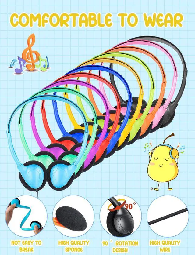 Alt view image 2 of 6 - 20 Pack Bulk Classroom Headphones for Students Kids School | Wholesale Headphones Class Set with 3.5mm Jack for Chromebook Laptop PC Computer (10 Mixed Colors)