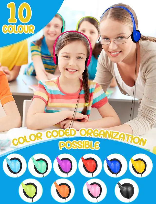 Alt view image 3 of 6 - 20 Pack Bulk Classroom Headphones for Students Kids School | Wholesale Headphones Class Set with 3.5mm Jack for Chromebook Laptop PC Computer (10 Mixed Colors)