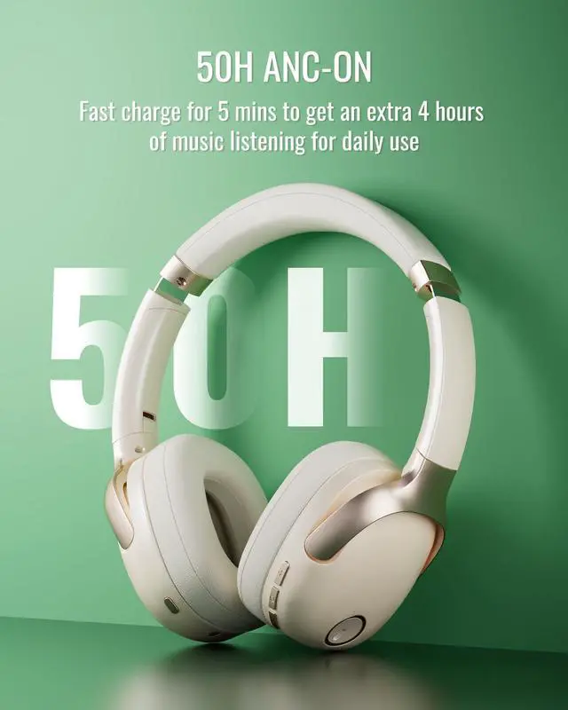 Alt view image 4 of 7 - Hybrid Active Noise Cancelling Headphones, Wireless Over Ear Bluetooth | 50H Long ANC Playtime, Rotatable and Foldable, HiFi Audio Deep Bass, Customized EQ via APP, Transparency Mode