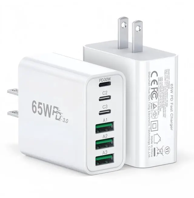 Main image of 65W USB C Wall Charger Block, 2 Pack GaN 6-Port Charging Brick Fast Charger, 45W PD3.0 Power Adapter Plug Cube for iPhone 17/16/15/14 MacBook Air, iPad, Samsung for Home Travel