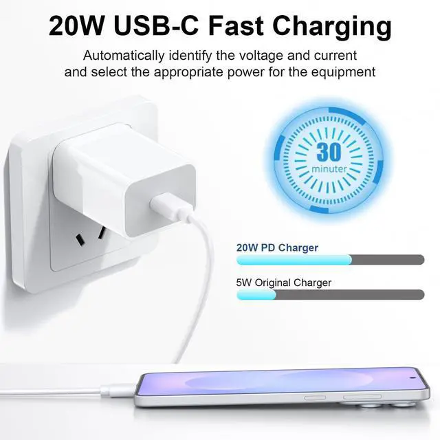 Alt view image 4 of 6 - 2 Pack 20W USB C Charger Block, Type C Fast Charging Wall Charger Power Adapter Brick Cube for iPhone 17/Pro/Pro Max/17 Air/ 16/16 Pro/16 Pro Max/15/Plus/Pro/Pro Max (White)