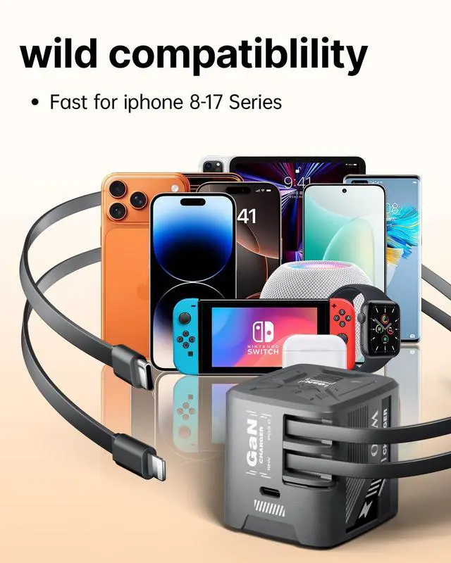 Alt view image 7 of 7 - 60W gan Fast Charger for iPhone, Retractable Phone Charger Wall Plug with USBC & Compatible Lightning Cables,for iPhone 17/16/15, Galaxy S25/24,Android DevicesBlack