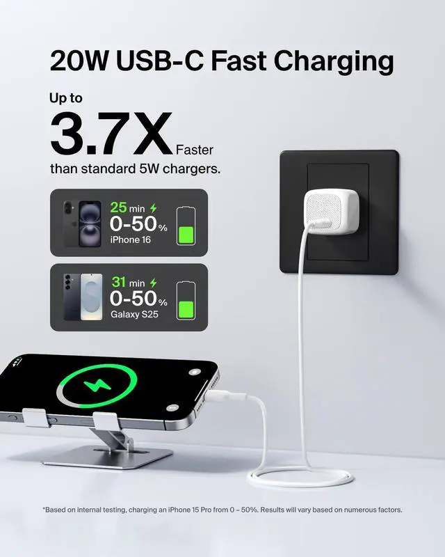 Alt view image 2 of 7 - USB C Charger Block 20W, Fast Charging Block, Type C Wall Charger, Compatible w/Apple iPhone 17, Air, Pro, AirPods, Apple Watch, Samsung Galaxy S26, Google Pixel 10, iPad,etc - White