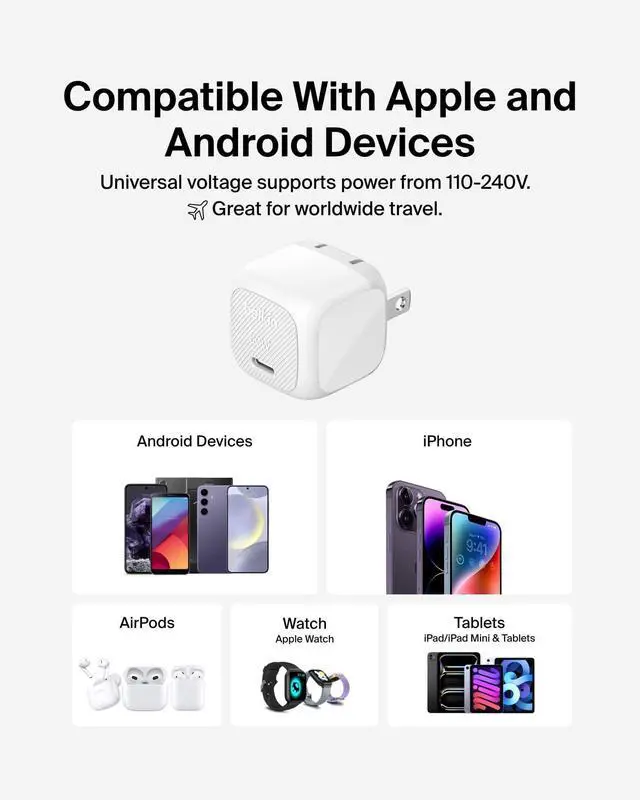 Alt view image 6 of 7 - USB C Charger Block 20W, Fast Charging Block, Type C Wall Charger, Compatible w/Apple iPhone 17, Air, Pro, AirPods, Apple Watch, Samsung Galaxy S26, Google Pixel 10, iPad,etc - White