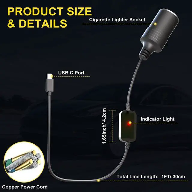 Alt view image 7 of 7 - USB C to 12V Adapter, USB C to 12V Cigarette Lighter Adapter PD3.0 Type C Male to 12V Cigarette Lighter Socket Female Cable for Dash Cam Power Bank GPS Car Led Light Strips 2 Pack