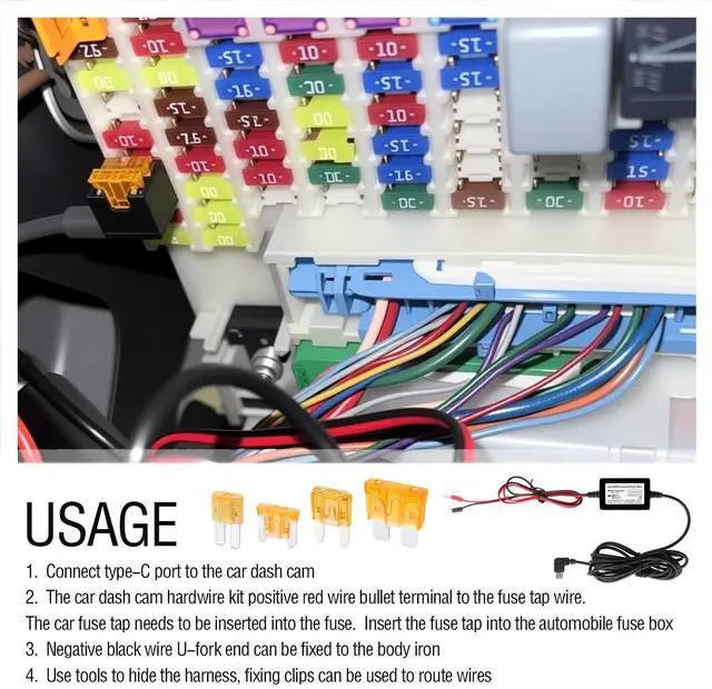 Alt view image 5 of 7 - 9.68Ft USB C Car Dash Cam Hardwire Kit,Upgraded Car Hardwire Kit for Dash Camera with Low Voltage Protection Includes Conversion Cable,12-30V to 5V 2.5A Cars Dashcam Hardwires Kits