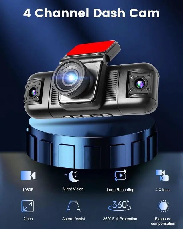 Alt view image 2 of 7 - 4 Channel Dash Cam 360° View, 1080P Front and Rear Inside Left Right Dash Camera for Cars - 2 inch IPS Screen Car Cameras with 8 IR Night Vision, Built-in Stereo, Loop Recording + 64G TF Card