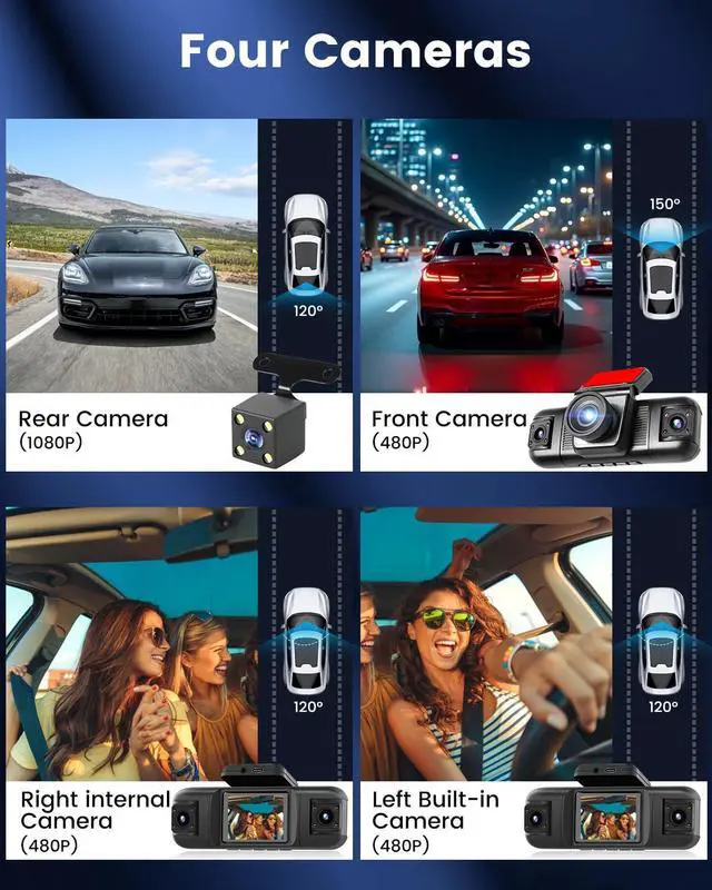 Alt view image 3 of 7 - 4 Channel Dash Cam 360° View, 1080P Front and Rear Inside Left Right Dash Camera for Cars - 2 inch IPS Screen Car Cameras with 8 IR Night Vision, Built-in Stereo, Loop Recording + 64G TF Card