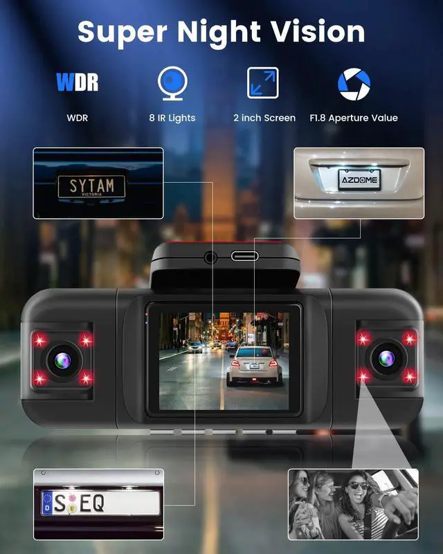 Alt view image 5 of 7 - 4 Channel Dash Cam 360° View, 1080P Front and Rear Inside Left Right Dash Camera for Cars - 2 inch IPS Screen Car Cameras with 8 IR Night Vision, Built-in Stereo, Loop Recording + 64G TF Card