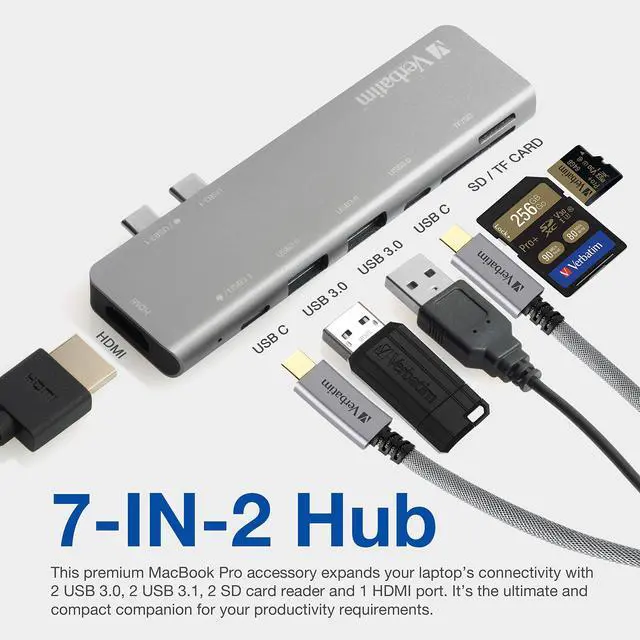 Alt view image 3 of 7 - USB C Hub for MacBook Pro - USB-C Hub with 100W Thunderbolt PD, USB 3.0 Ports, SD Card Readers, HDMI, Compact, Portable