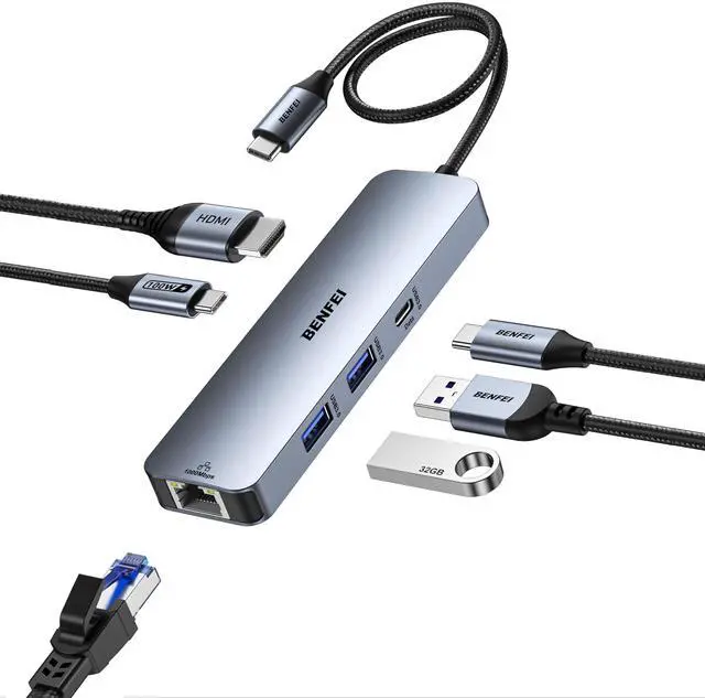 Main image of 6-in-1 USB C Hub with HDMI(4K@60Hz), 2 USB-A, 1 USB-C Data, 100W Charge, Gigabit Ethernet, Silicone Tangle-Free Cable Compatible with MacBook Pro/Air, iPad Pro, iMac, iPhone 15 Pro/Pro Max