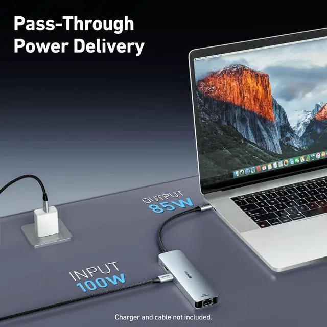 Alt view image 3 of 7 - 6-in-1 USB C Hub with HDMI(4K@60Hz), 2 USB-A, 1 USB-C Data, 100W Charge, Gigabit Ethernet, Silicone Tangle-Free Cable Compatible with MacBook Pro/Air, iPad Pro, iMac, iPhone 15 Pro/Pro Max
