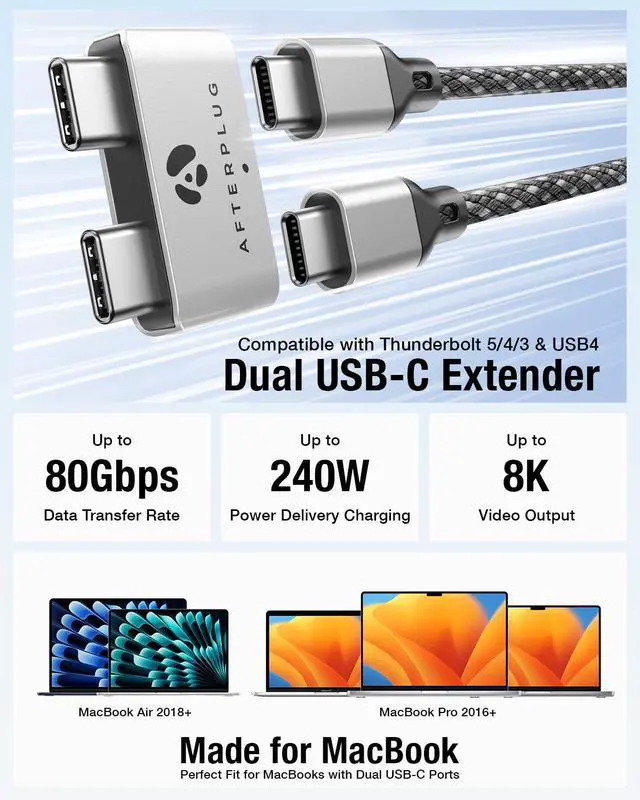 Alt view image 2 of 6 - Dual USBC Extender for MacBook with Case, 2-Port PassThrough Adapter for Thunderbolt 5/4/3 & USB4 240W PD, 8K Video, 80Gbps Data - Sky Blue