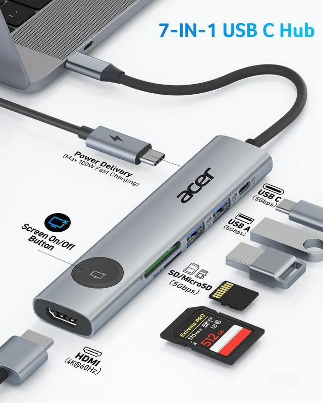 Alt view image 2 of 7 - 7 in 1 USB C Hub Multiport Adapter, USB C to HDMI Adapter 4K@60Hz, 100W PD, 2 USB A 3.1 + Type-C 3.1 5Gbps Data, SD Card Reader, USBC Hub HDMI Compatible with Laptop, Macbook Neo, iphone 17/16/15