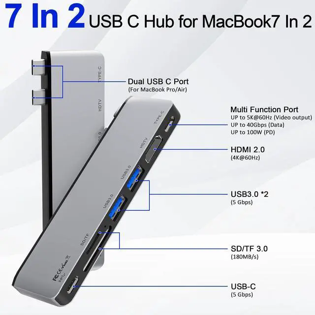Alt view image 2 of 7 - USB C Hub for MacBook, 7 in 2 Multiport Mac USB Adapter, 4K@60Hz USB C Hub Adapter, 1 Type C and 2 USB A Data Ports, Thunderbolt 4, SD/TF Card Reader, Compatible with MacBook Pro/MacBook Air