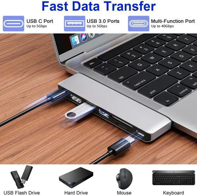Alt view image 3 of 7 - USB C Hub for MacBook, 7 in 2 Multiport Mac USB Adapter, 4K@60Hz USB C Hub Adapter, 1 Type C and 2 USB A Data Ports, Thunderbolt 4, SD/TF Card Reader, Compatible with MacBook Pro/MacBook Air