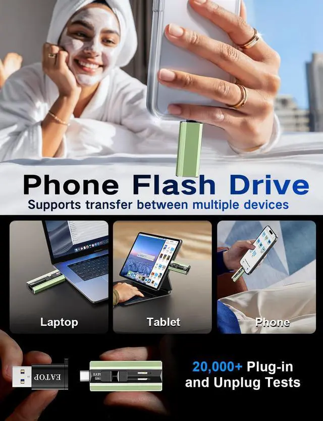 Alt view image 2 of 7 - 512GB Dual Interface Flash Drive, No App Required, Portable USB Storage Memory Stick for iPhone, iPad, Android, PC & Mac Easily Stores Photos, Videos & Files (Sage Green)
