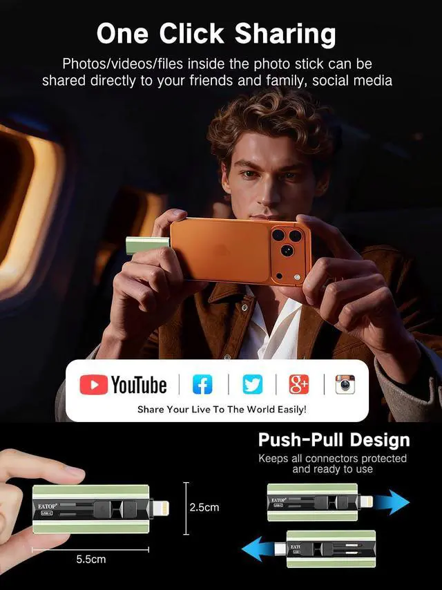 Alt view image 6 of 7 - 512GB Dual Interface Flash Drive, No App Required, Portable USB Storage Memory Stick for iPhone, iPad, Android, PC & Mac Easily Stores Photos, Videos & Files (Sage Green)