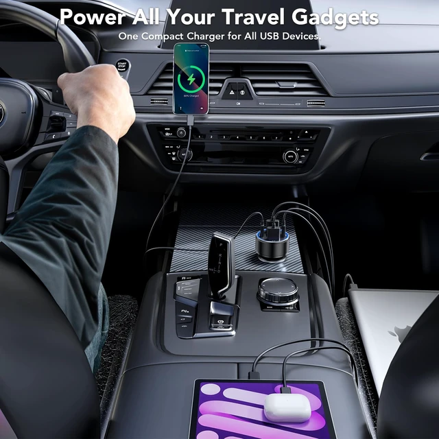 Alt view image 5 of 7 - 4-Port USB C Car Charger 78W PD Fast Charging 3-Pack | Metal & Safe: Voltage display tracks battery. Smart chip protects devices. Universal fit for all phones, cars & family trips.