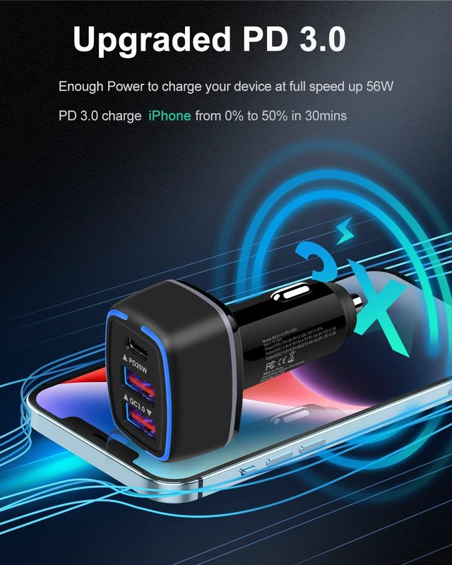 Alt view image 3 of 7 - 56W PD USB C Car Charger, Type-C Super Fast Power Charging Block 3-Port | USB A & USBC Auto Cargador Carro Lighter Adapter for iPhone, iPad, Samsung Galaxy, LG, Google Pixel, Moto, USB-C&A Port