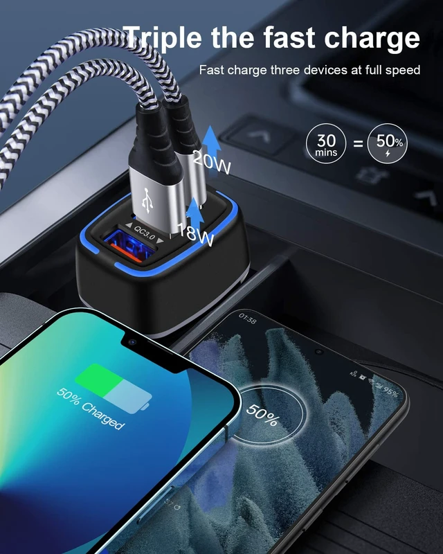 Alt view image 5 of 7 - 56W PD USB C Car Charger, Type-C Super Fast Power Charging Block 3-Port | USB A & USBC Auto Cargador Carro Lighter Adapter for iPhone, iPad, Samsung Galaxy, LG, Google Pixel, Moto, USB-C&A Port