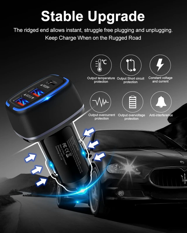Alt view image 6 of 7 - 56W PD USB C Car Charger, Type-C Super Fast Power Charging Block 3-Port | USB A & USBC Auto Cargador Carro Lighter Adapter for iPhone, iPad, Samsung Galaxy, LG, Google Pixel, Moto, USB-C&A Port