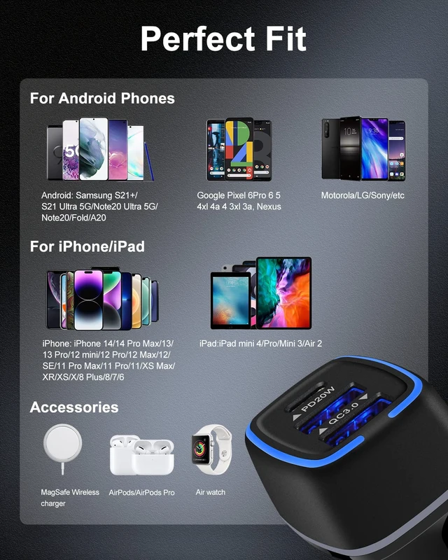 Alt view image 7 of 7 - 56W PD USB C Car Charger, Type-C Super Fast Power Charging Block 3-Port | USB A & USBC Auto Cargador Carro Lighter Adapter for iPhone, iPad, Samsung Galaxy, LG, Google Pixel, Moto, USB-C&A Port