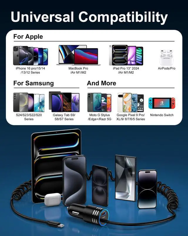 Alt view image 7 of 7 - 60W Car Charger USB C with Coiled Cable Type C cargador para Car for iPhone