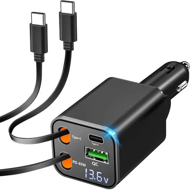 Main image of Retractable Car Charger, 120W USB-C Fast Charge Phone Charger for Car, 4-in-1 Dual Type-C Cables & USB-A QC Port, Car Charger for iPhone 17/16/15/14/13 Samsung Travel Essentials Gifts for Women & Men