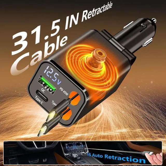 Alt view image 2 of 7 - Retractable Car Charger, 120W USB-C Fast Charge Phone Charger for Car, 4-in-1 Dual Type-C Cables & USB-A QC Port, Car Charger for iPhone 17/16/15/14/13 Samsung Travel Essentials Gifts for Women & Men