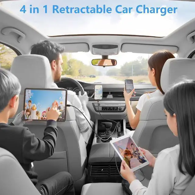 Alt view image 3 of 7 - Retractable Car Charger, 120W USB-C Fast Charge Phone Charger for Car, 4-in-1 Dual Type-C Cables & USB-A QC Port, Car Charger for iPhone 17/16/15/14/13 Samsung Travel Essentials Gifts for Women & Men