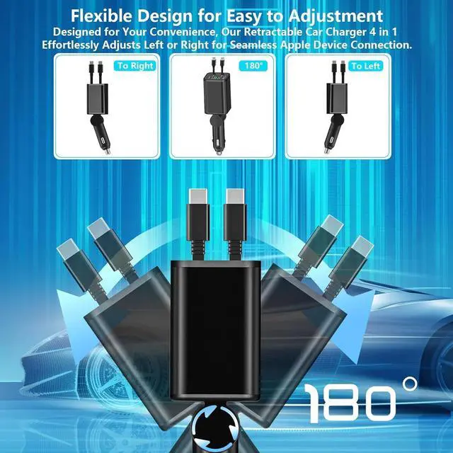 Alt view image 4 of 7 - Retractable Car Charger, 120W USB-C Fast Charge Phone Charger for Car, 4-in-1 Dual Type-C Cables & USB-A QC Port, Car Charger for iPhone 17/16/15/14/13 Samsung Travel Essentials Gifts for Women & Men