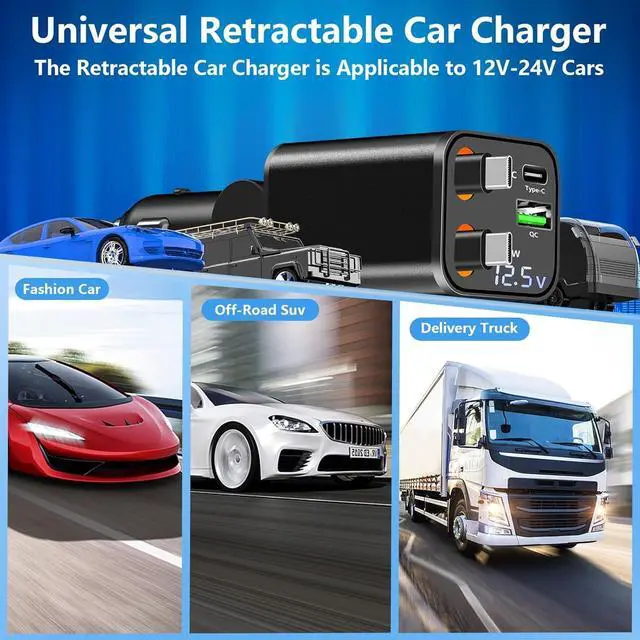 Alt view image 6 of 7 - Retractable Car Charger, 120W USB-C Fast Charge Phone Charger for Car, 4-in-1 Dual Type-C Cables & USB-A QC Port, Car Charger for iPhone 17/16/15/14/13 Samsung Travel Essentials Gifts for Women & Men