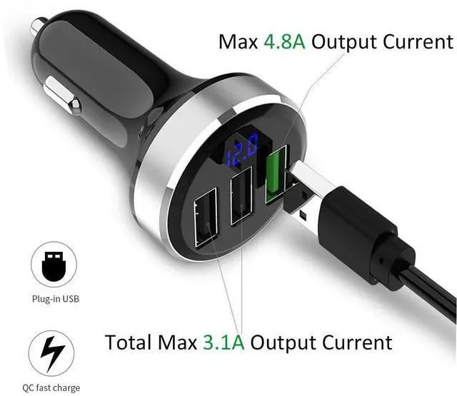 Alt view image 3 of 7 - 3 USB Car Charger,12V/24V Voltage Meter, Silver