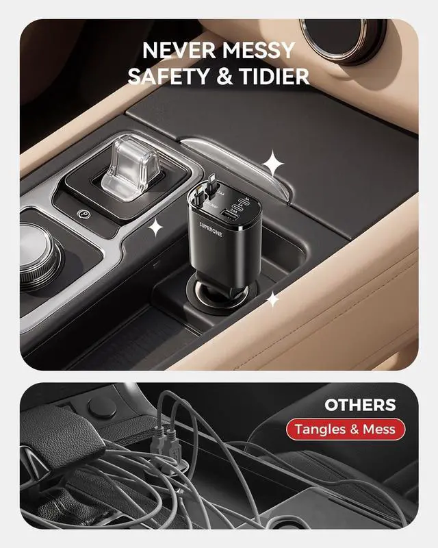 Alt view image 7 of 7 - 90W Retractable Car Charger with Dual Type C Cables, Car Adapter USB C Fast Charger, 5-in-1 Multi Port Fast Charging Compatible with iPhone 17 16 15 14 13 12, Galaxy, Pixel, iPad - Black