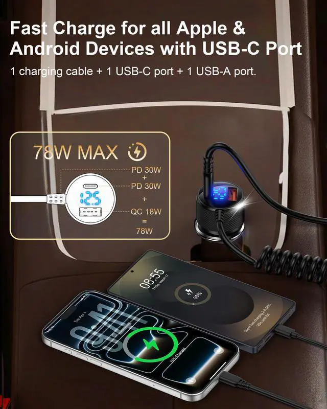 Alt view image 3 of 7 - 78W USBC Cigarette Lighter Car Charger Fast Charging Adapter for Galaxy S26