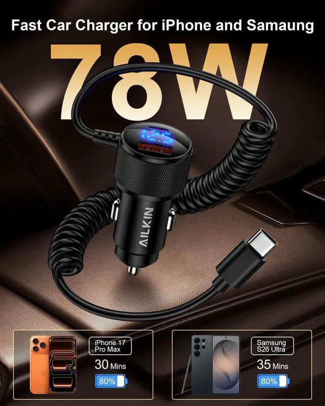 Alt view image 6 of 7 - 78W USBC Cigarette Lighter Car Charger Fast Charging Adapter for Galaxy S26