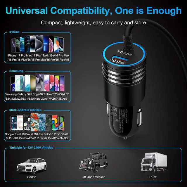 Alt view image 7 of 7 - 60W USBC Type C 12V Car Charger Cigarette Lighter Adapter Android Car Charger with 30W Built-in 3FT USB C Cable Fast Charging for iPhone 17 Pro Max Air 16e 16 Pro Max 16 Plus 15, Samsung S26 S25 A17