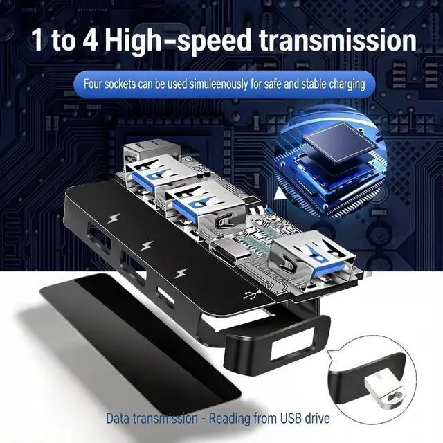 Alt view image 3 of 7 - Car Accessories 4-in-1 Car USB Hub Equipped with a Data Interface and Multiple Type-C/USB-A Fast Charging interfacesUSB Hub for iPhone,iPad,Samsung Galaxy,USB Flash DriveAndroidBlack
