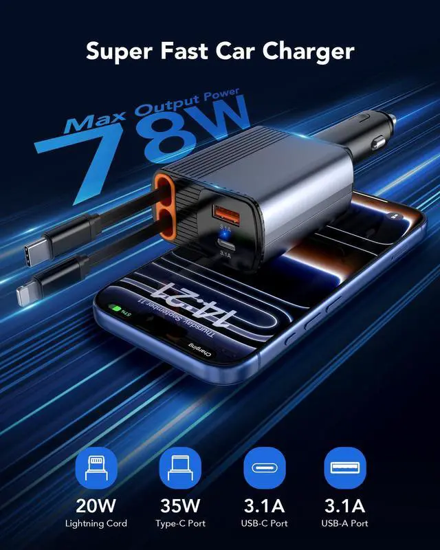 Alt view image 2 of 7 - Retractable Car Charger, 78W Fast Charging Cigarette Lighter Adapter | 4-in-1 Ultra-Compact Car Accessories with USB-C & USB-A, 180° Adjustable Plug for iPhone 17/16/15/14/13, Samsung Galaxy Pixel