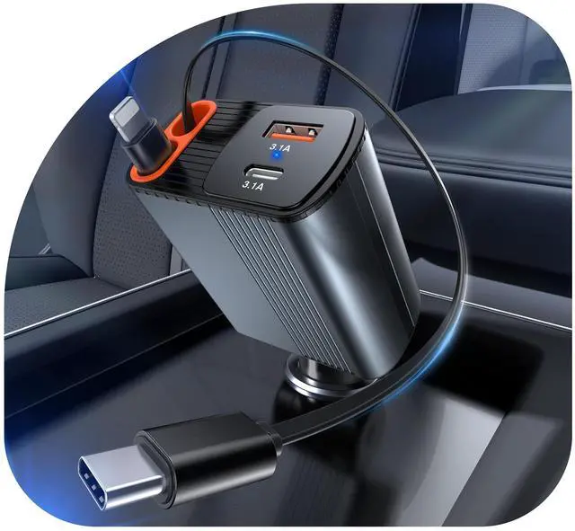 Main image of Retractable Car Charger, 78W Fast Charging Cigarette Lighter Adapter | 4-in-1 Ultra-Compact Car Accessories with USB-C & USB-A, 180° Adjustable Plug for iPhone 17/16/15/14/13, Samsung Galaxy Pixel