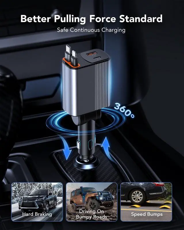 Alt view image 5 of 7 - Retractable Car Charger, 78W Fast Charging Cigarette Lighter Adapter | 4-in-1 Ultra-Compact Car Accessories with USB-C & USB-A, 180° Adjustable Plug for iPhone 17/16/15/14/13, Samsung Galaxy Pixel