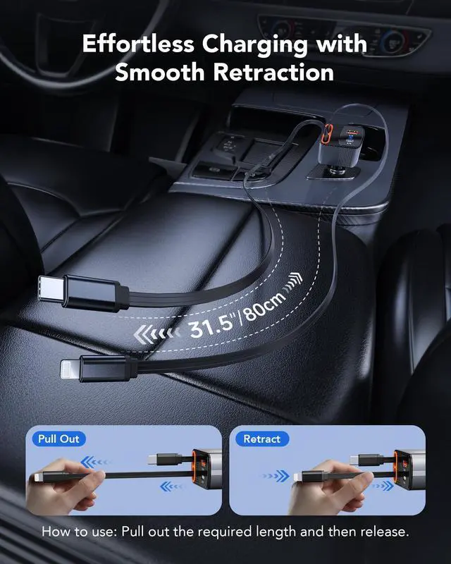 Alt view image 7 of 7 - Retractable Car Charger, 78W Fast Charging Cigarette Lighter Adapter | 4-in-1 Ultra-Compact Car Accessories with USB-C & USB-A, 180° Adjustable Plug for iPhone 17/16/15/14/13, Samsung Galaxy Pixel