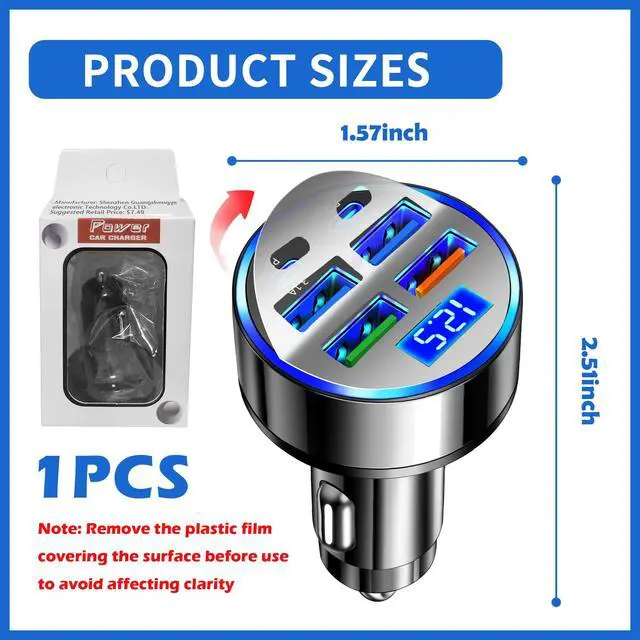 Alt view image 2 of 7 - 6 Port Fast USB Car Charger (PD+QC3.0),Cigarette Lighter USB Charger with LED Digital Display,Universal Car Charger Adapter Car Accessories Interior for Most 12V/24V Vehicles