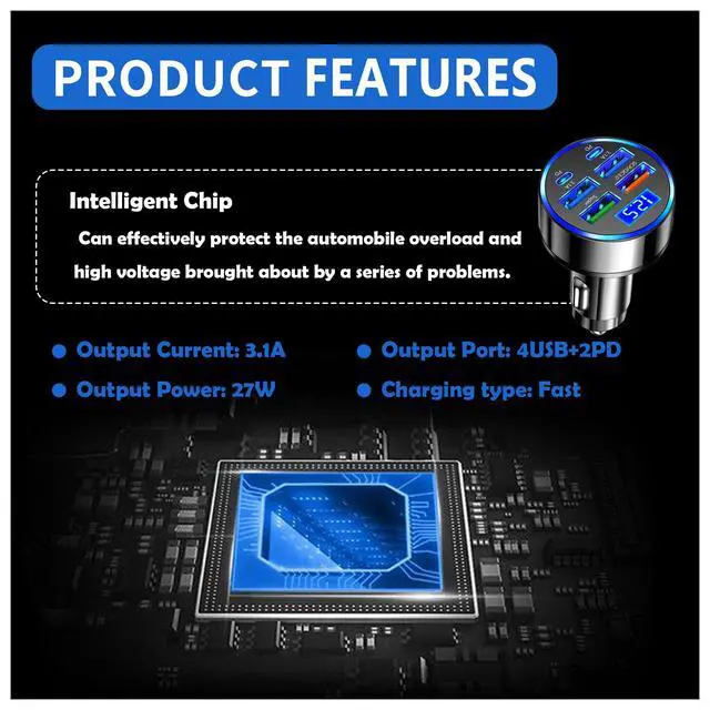 Alt view image 3 of 7 - 6 Port Fast USB Car Charger (PD+QC3.0),Cigarette Lighter USB Charger with LED Digital Display,Universal Car Charger Adapter Car Accessories Interior for Most 12V/24V Vehicles